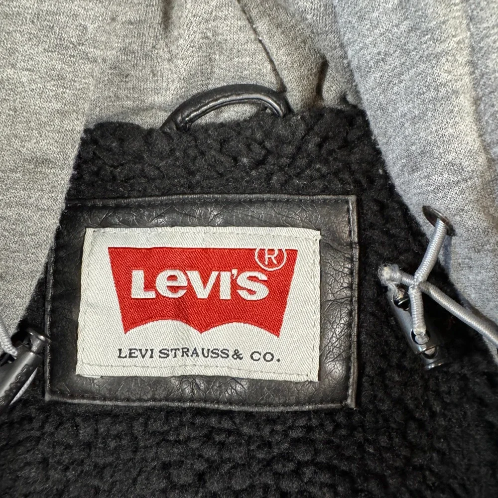 Levi's Mens Faux Leather Hooded Jacket Medium Black Faux Fur Lined Moto Coat